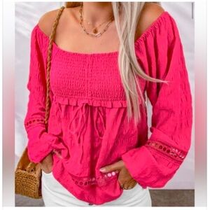 NEW•Soul Sunrise Square Neck Smocked Peasant Hot Pink Blouse•XL-1X